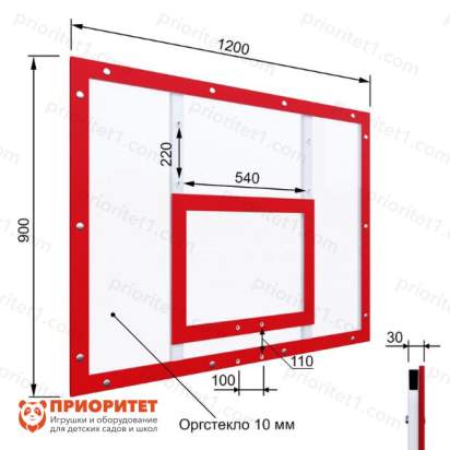 Щит баскетбольный тренировочный на раме (оргстекло), цвет разметки красный размеры