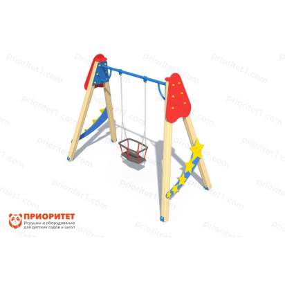 Качели деревянные «Звездочет» с сиденьем-люлькой общий вид