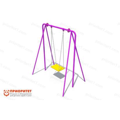 Качели на металлических стойках с сиденьем без спинки общий вид