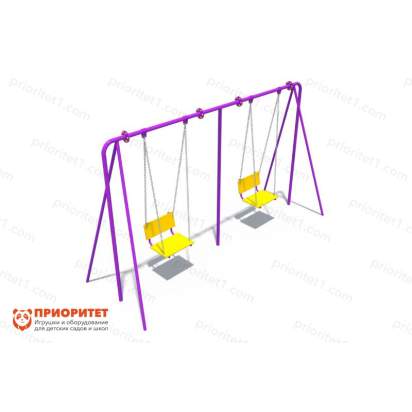 Качели двойные на металлических стойках с сиденьями со спинкой общий вид
