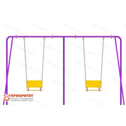 Качели двойные на металлических стойках с сиденьями со спинкой вид сзади