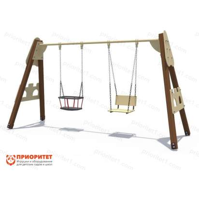 Качели деревянные Крепость с сиденьем со спинкой и люлькой_1