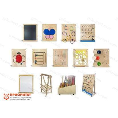 Набор тактильно-развивающих панелей «Счастливое детство» (10 панелей + настенное основание, напольное основание, система хранения)_1